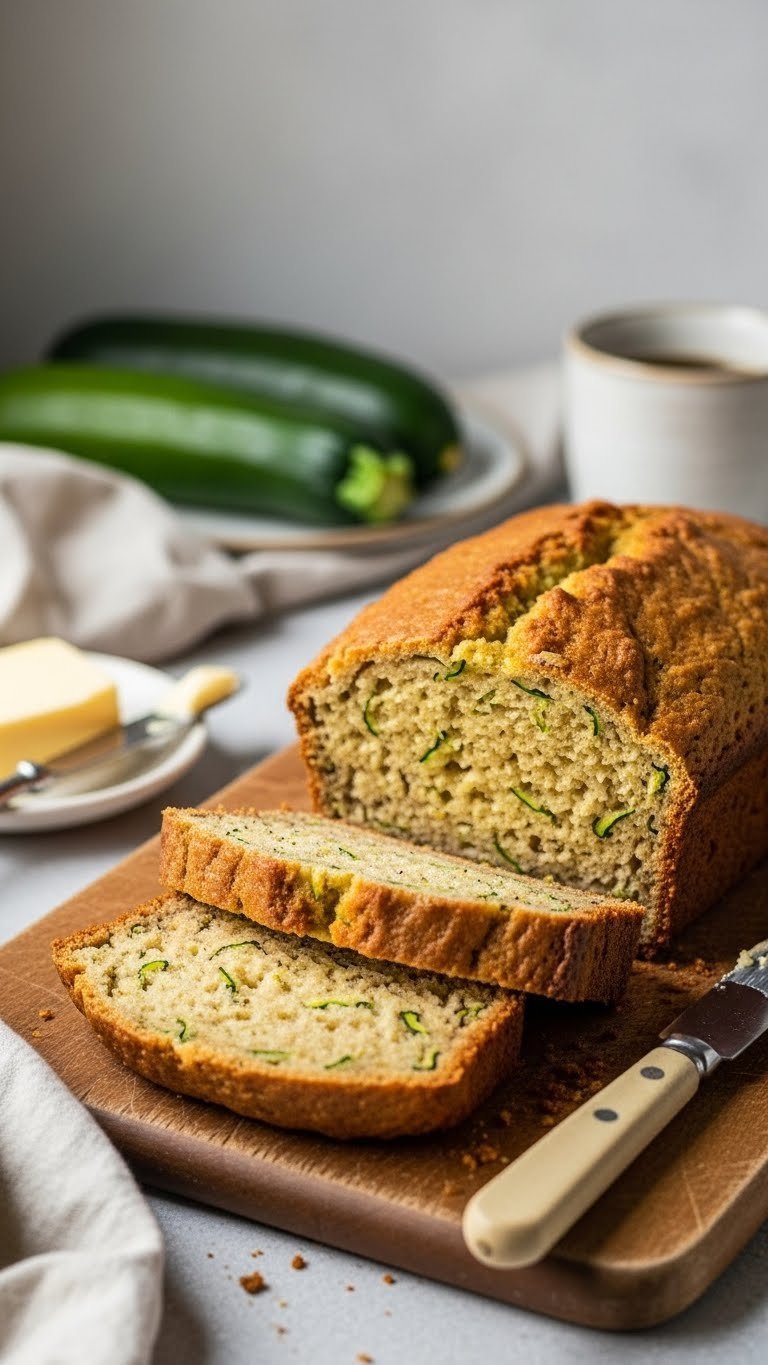 Golden brown sourdough zucchini bread sliced to reveal moist crumb with zucchini flecks on rustic wooden cutting board with coffee and butter knife.