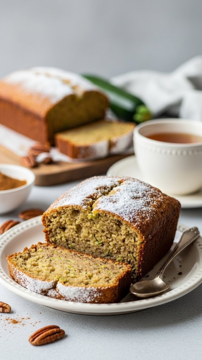 Golden-brown sweet zucchini coconut flour loaf with powdered sweetener on ceramic plate with pecans