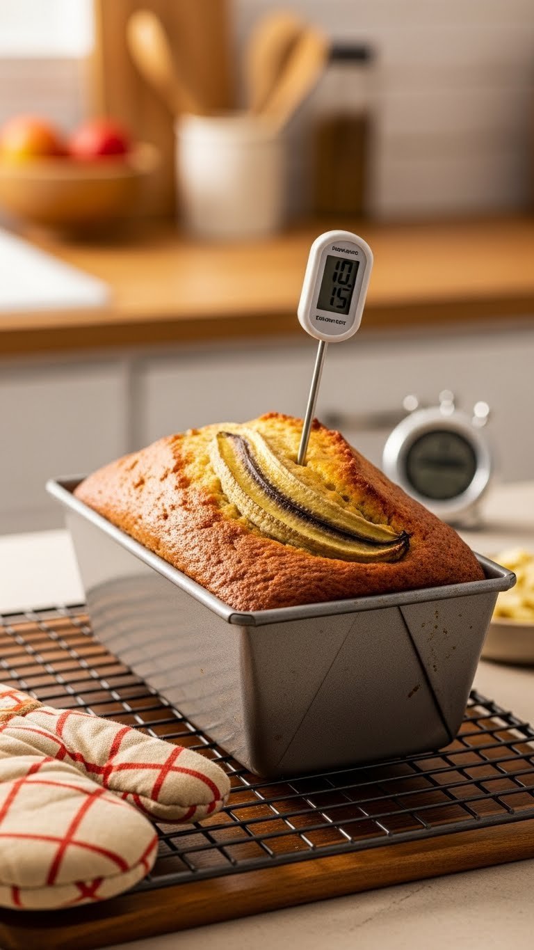 Golden-brown zucchini banana bread loaf in loaf pan just pulled from the oven