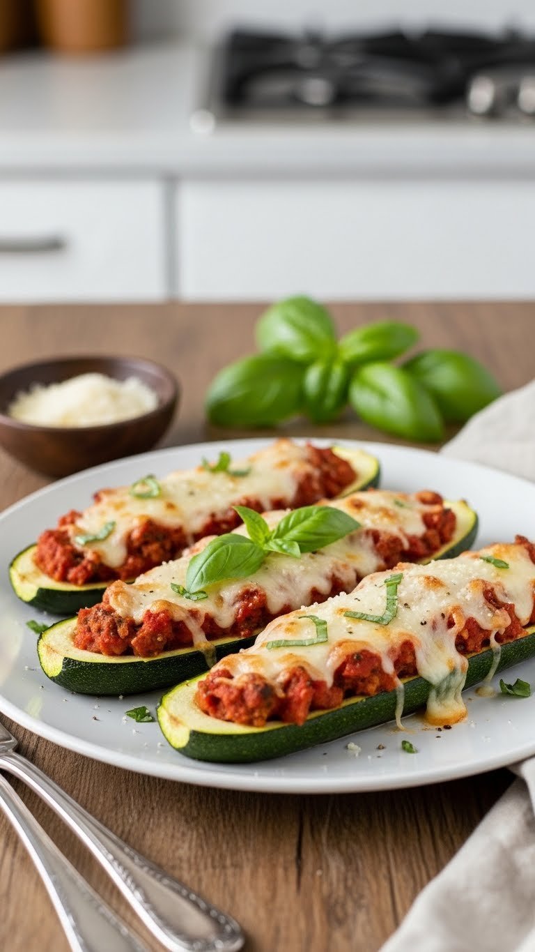 Golden-brown zucchini boats stuffed with Italian sausage, marinara, and melted mozzarella cheese on rustic wooden table with fresh basil garnish