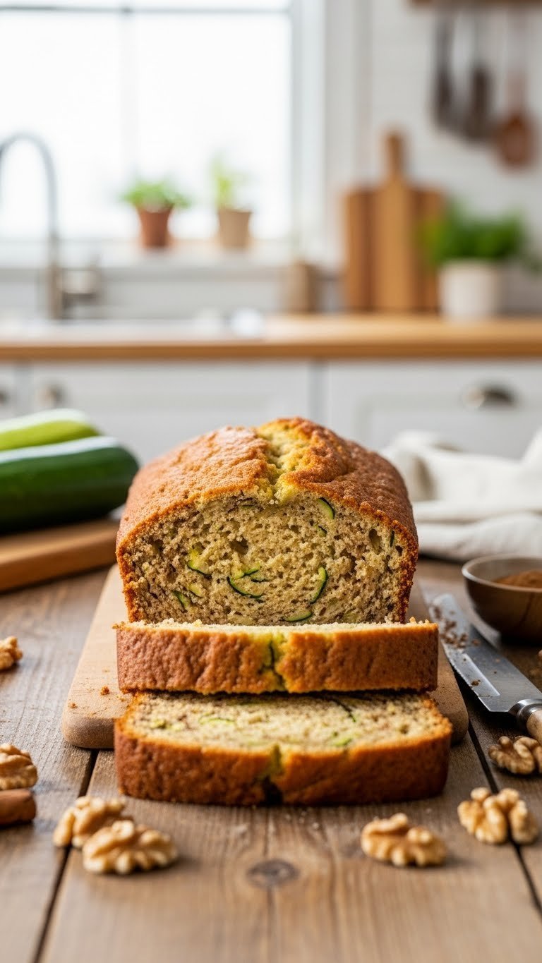 Golden-brown zucchini bread slice revealing moist interior with green flecks on rustic wooden table with walnuts and cinnamon bowl.