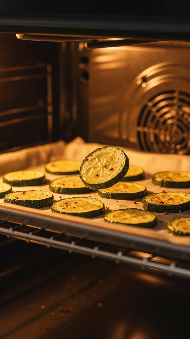 Golden brown zucchini chips baking in oven with warm glow seen through slightly ajar oven door