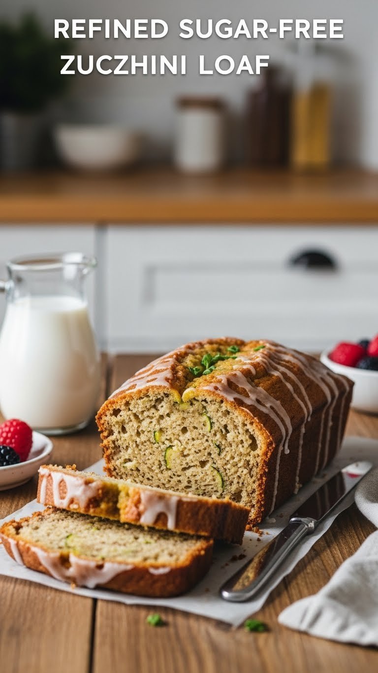Golden-brown zucchini loaf cake slice with moist crumb and green specks on rustic table with berries and milk pitcher.