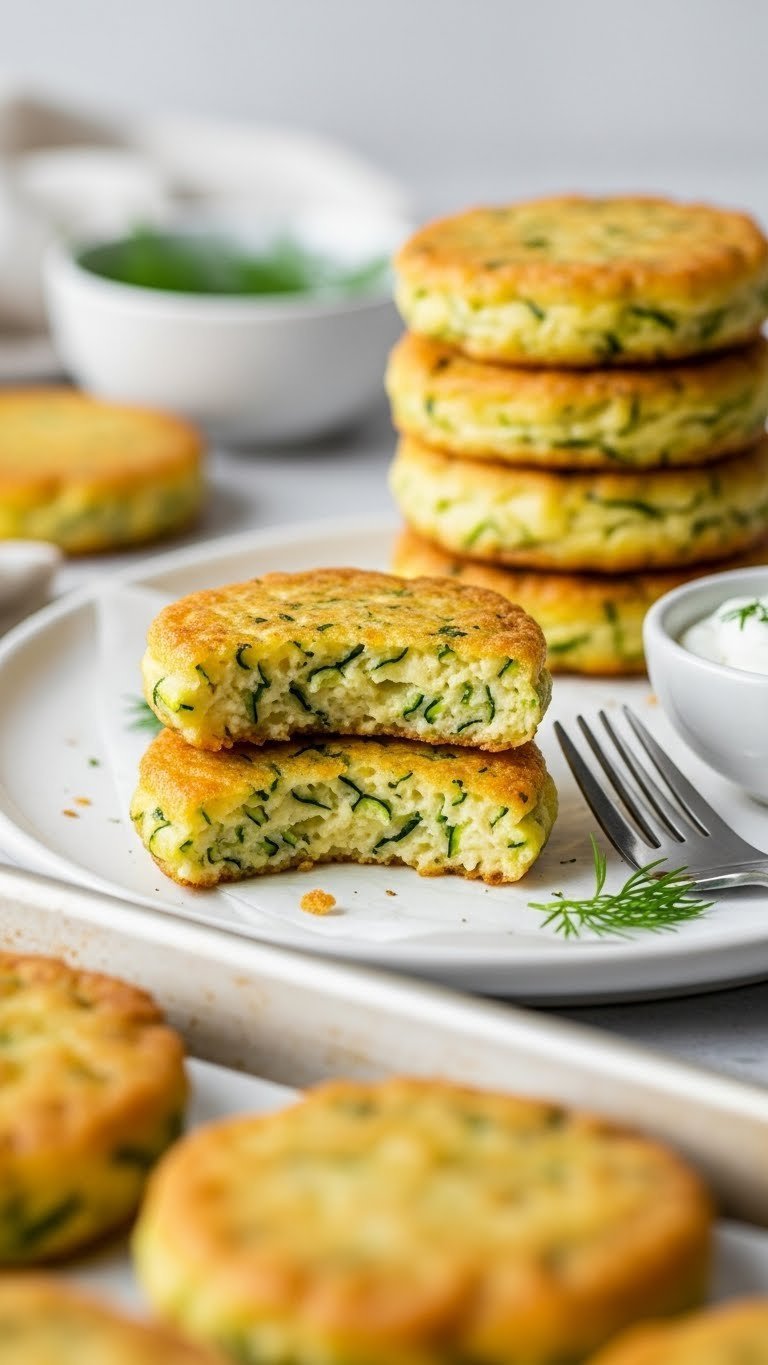 Golden crispy baked zucchini fritters stacked on parchment-lined baking sheet revealing fluffy cheesy interior.