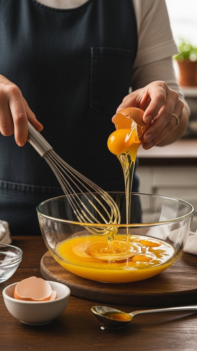 Golden eggs and melted butter being whisked together in a glass bowl for zucchini bread batter