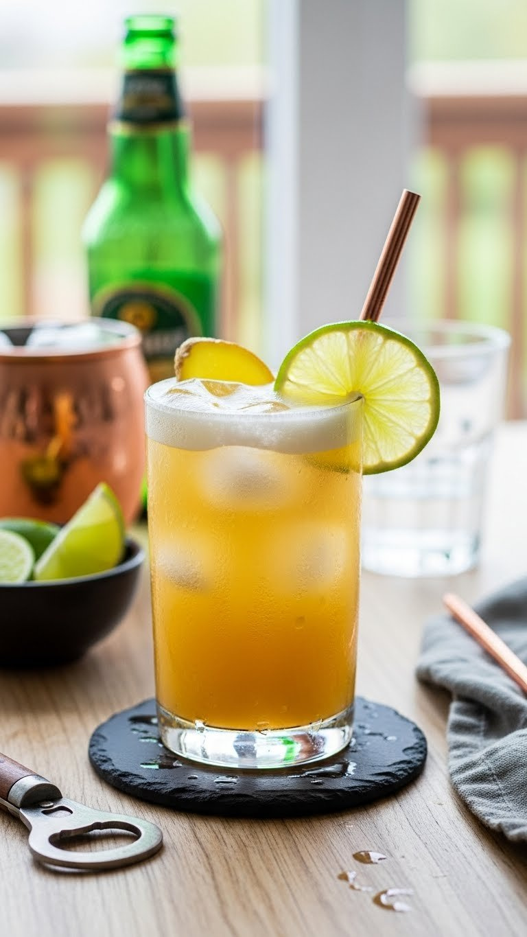 Golden ginger beer mocktail in copper mug with lime wedge, fresh ginger slice, and visible condensation