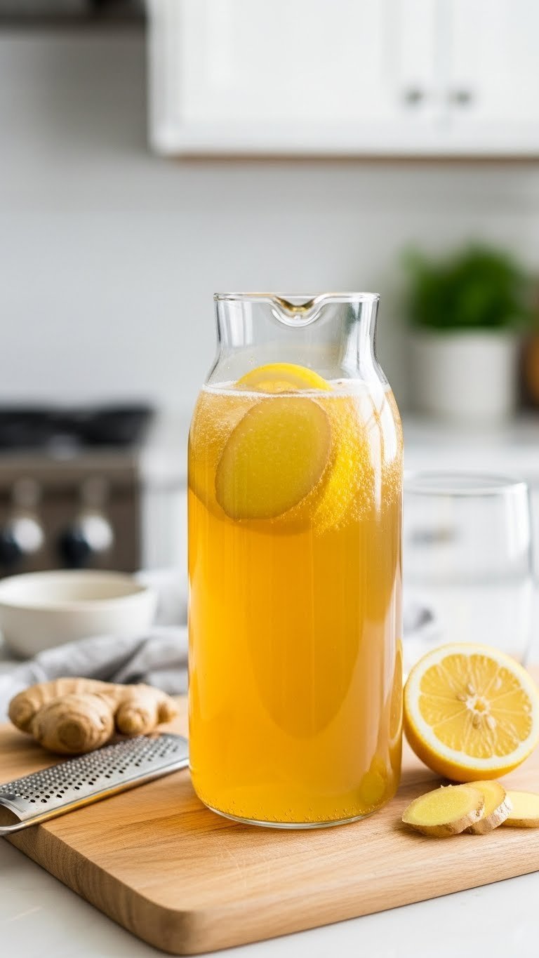Golden homemade sugar-free ginger ale in glass bottle with ginger slices and lemon wedge on wooden cutting board