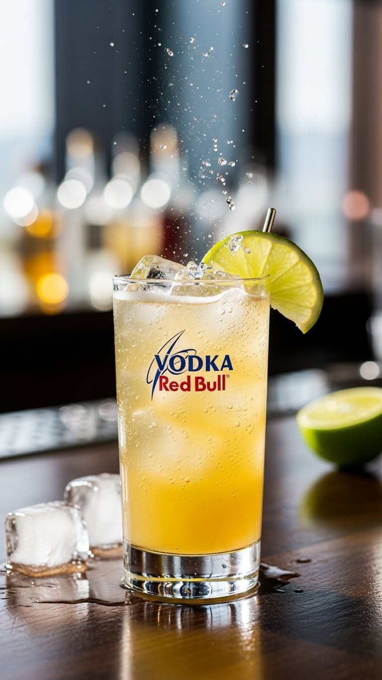 Golden-hued Vodka Red Bull cocktail in tall glass with lime wedge garnish and effervescent bubbles rising against dark bar background