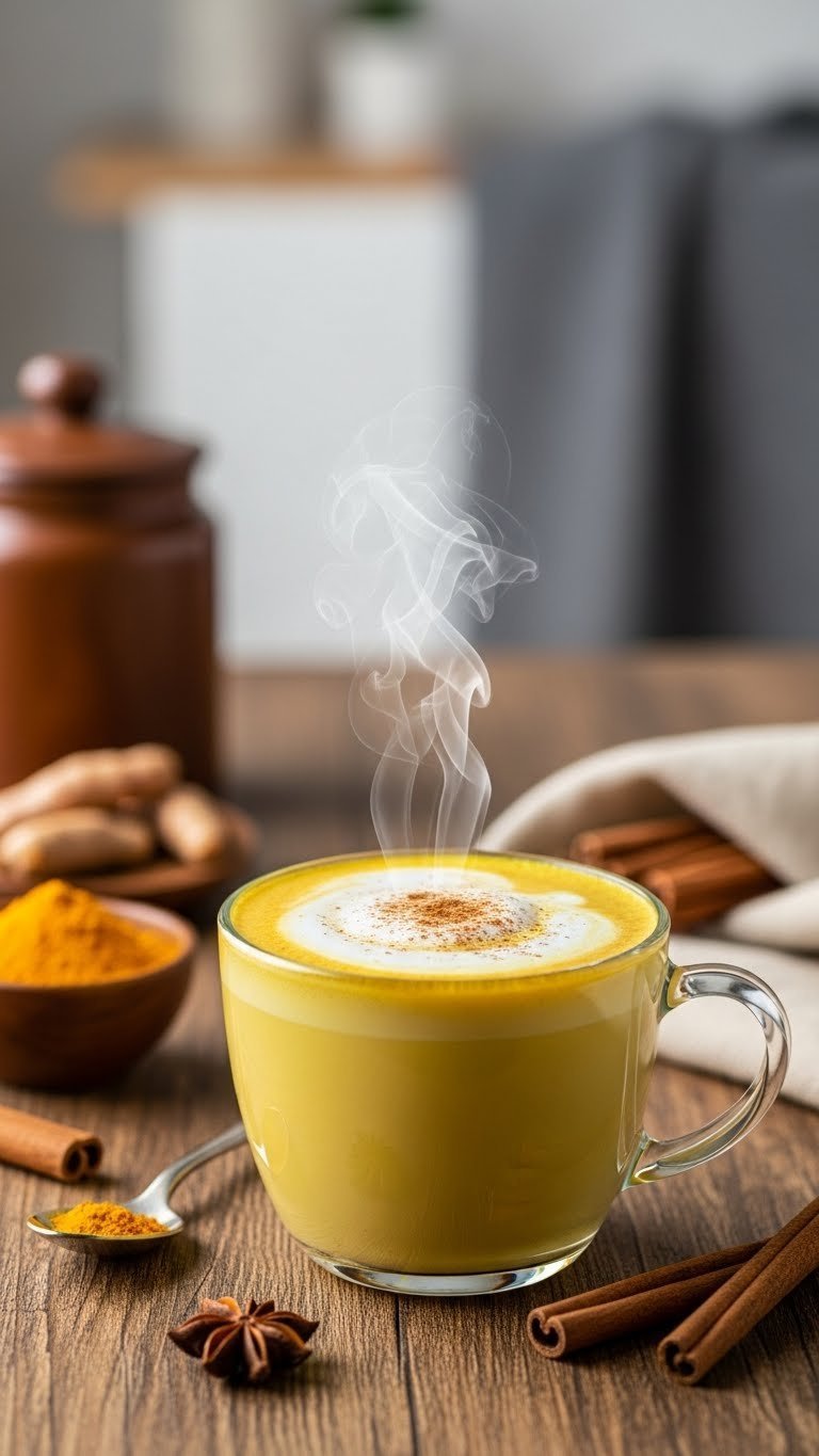 Golden milk latte in ceramic mug with frothy milk layer and cinnamon sprinkle emitting steam