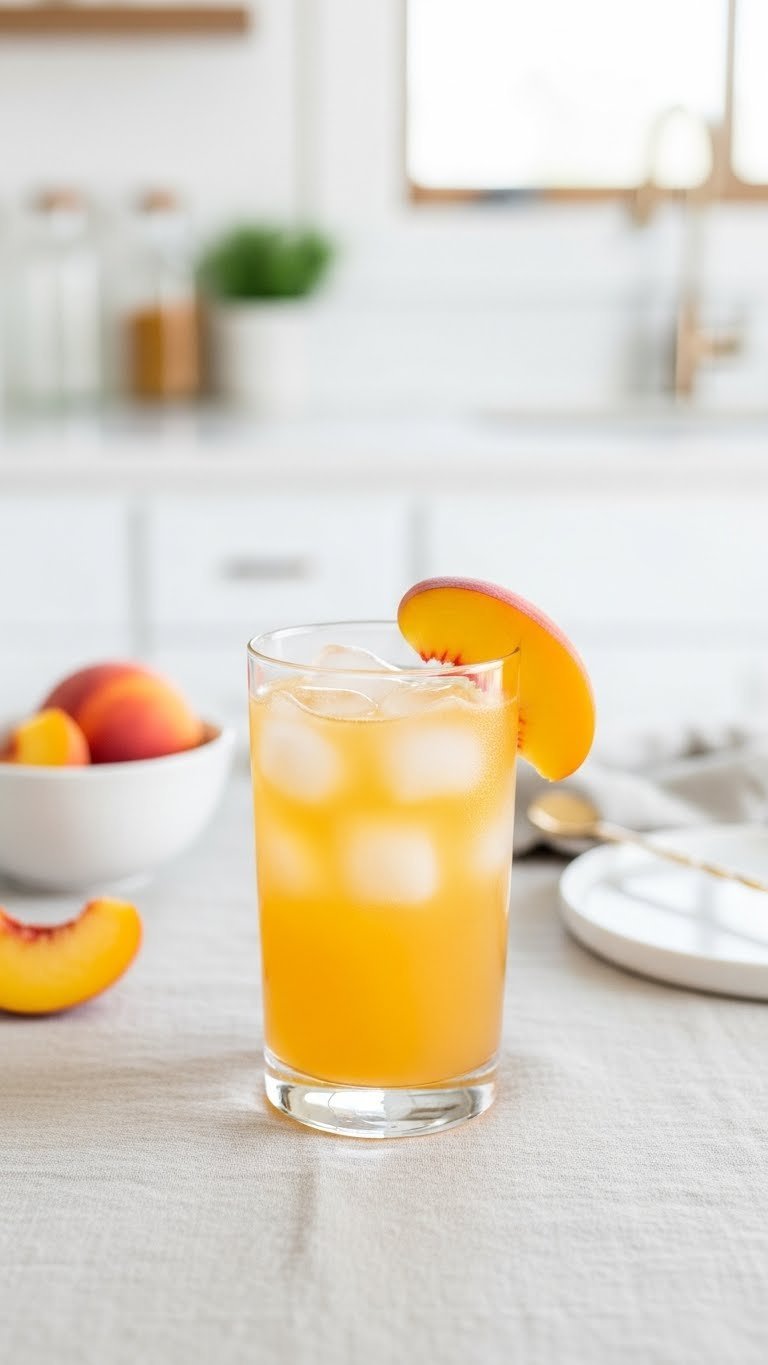 Golden-orange Fuzzy Navel cocktail in highball glass with peach slice garnish on linen tablecloth