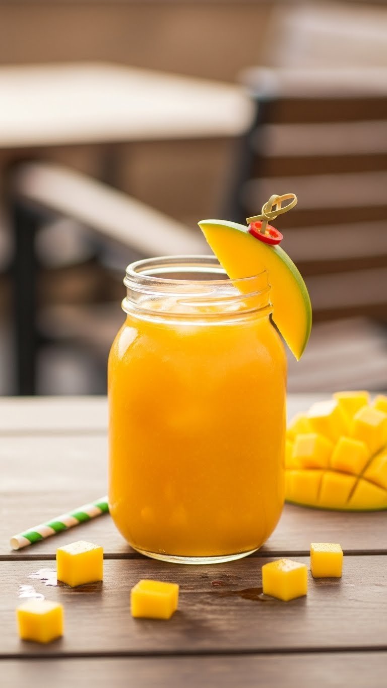 Golden-orange energy drink in rustic mason jar garnished with fresh mango wedge and red chili thread
