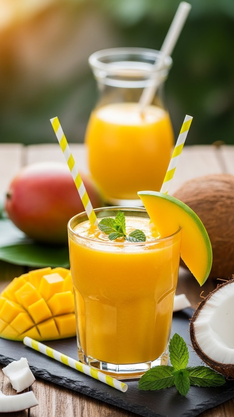 Golden orange mango coconut water smoothie in chilled glass with mango slice garnish on rustic table