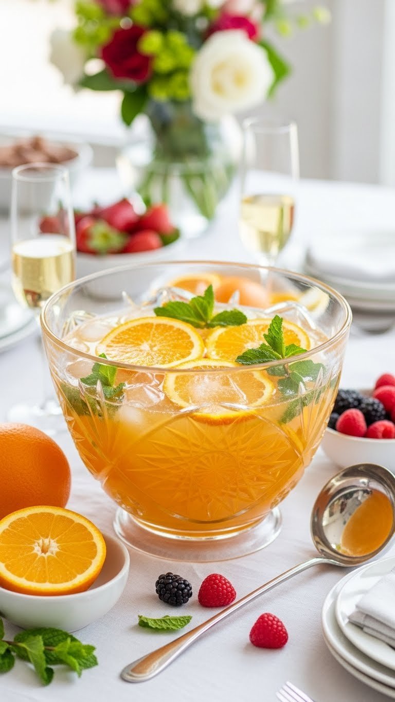 Golden orange mimosa punch with citrus slices and mint in crystal bowl on white linen tablecloth