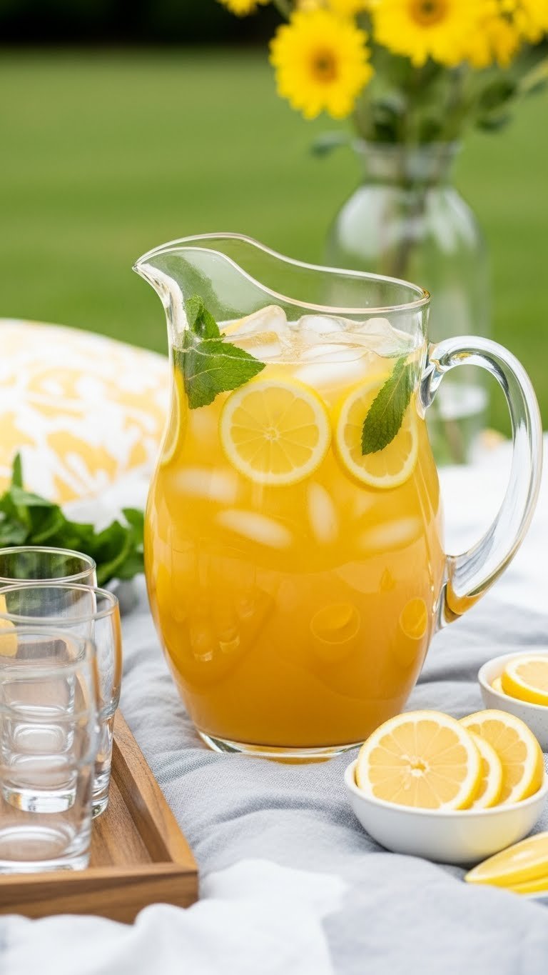 Golden-yellow spiked lemonade pitcher with lemon slices and mint sprigs on picnic blanket outdoors.