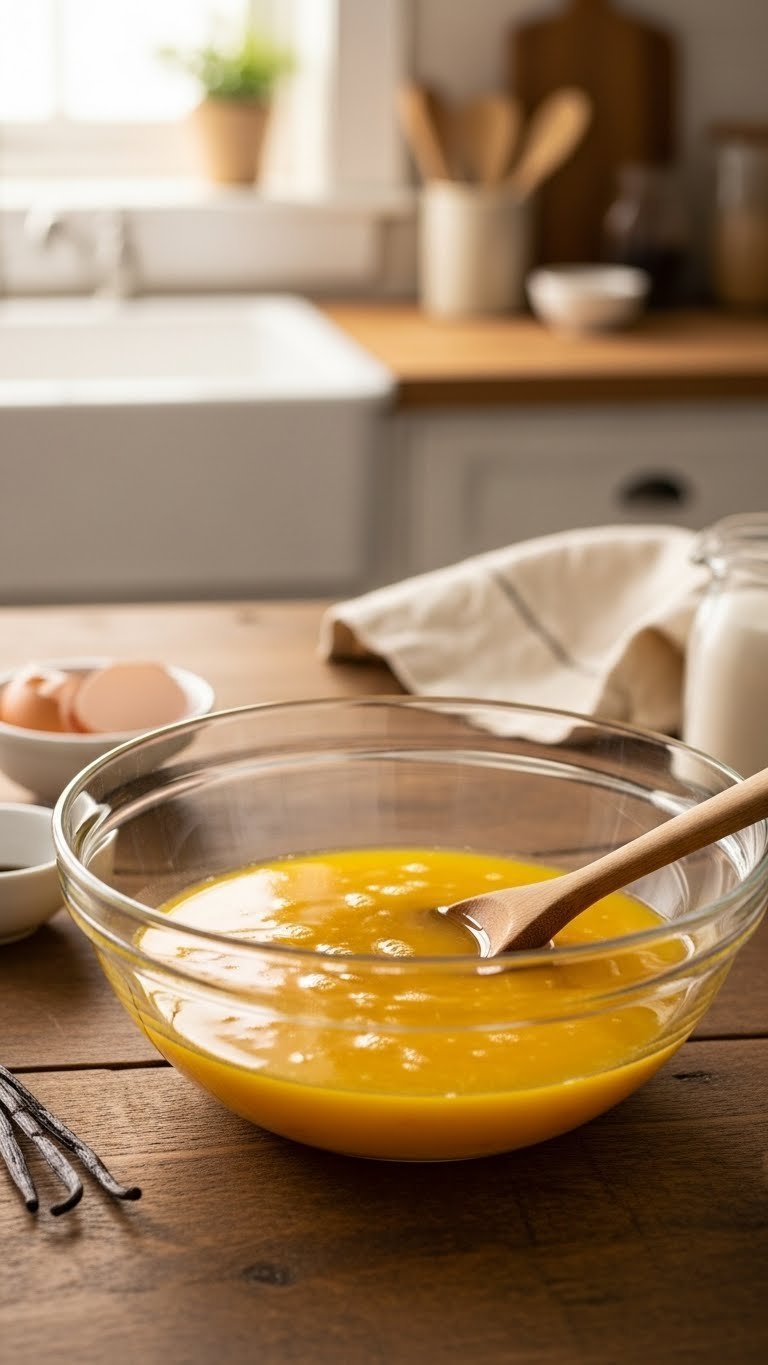 Pioneer Woman Zucchini Bread: Easy, Extra Moist Recipe 5 Golden-yellow wet ingredients mixture with eggs, oil, and vanilla in bowl with wooden spoon on rustic kitchen table