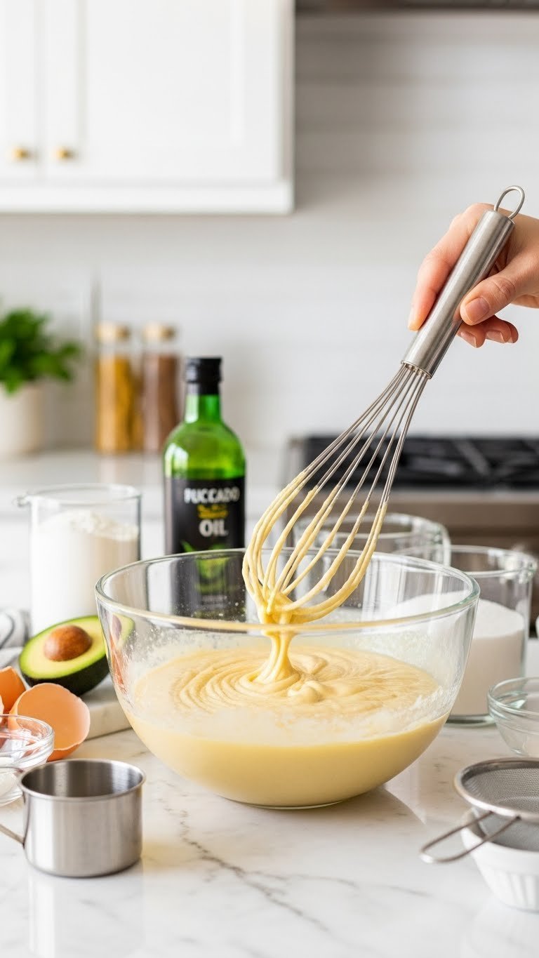 Golden yellow zucchini bread batter in glass mixing bowl with whisk and baking ingredients on marble countertop
