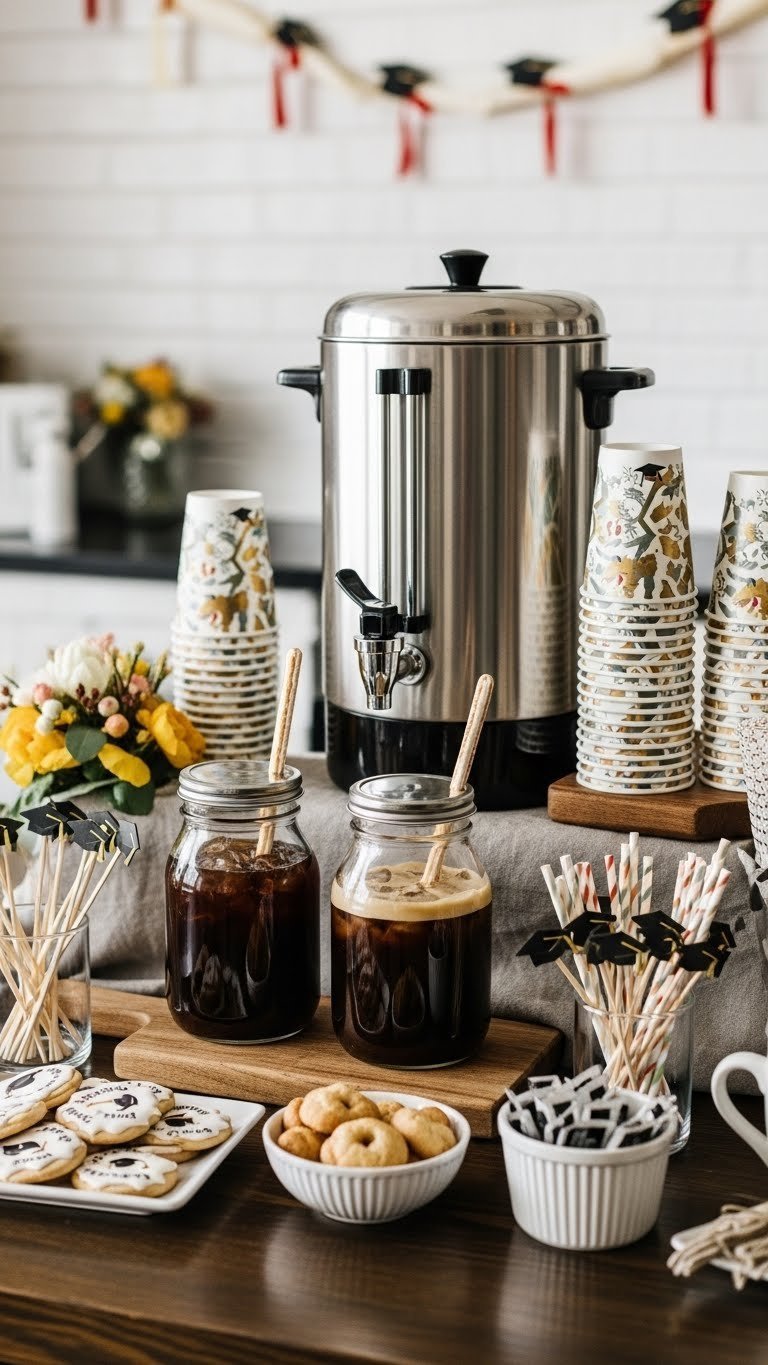 Graduation-themed coffee bar with coffee urn and coffee-based drinks featuring festive decorative elements
