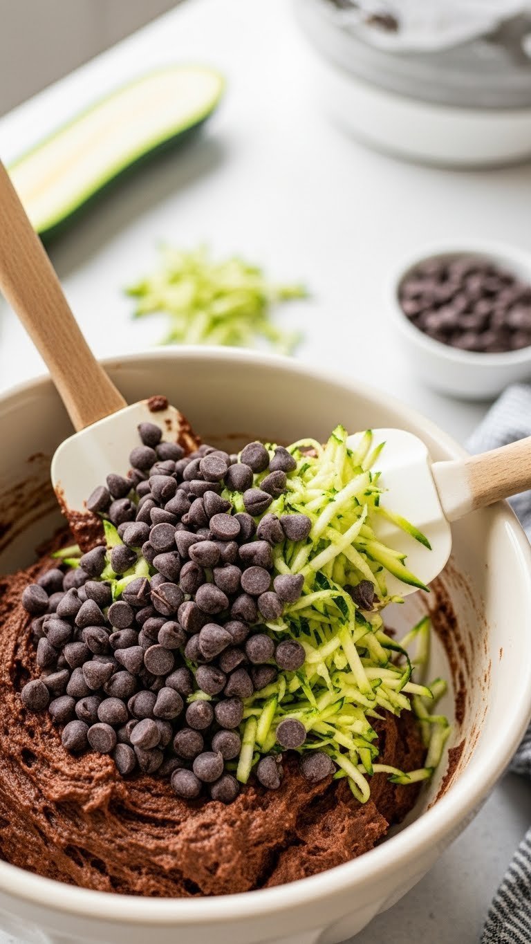 Grated zucchini and dark chocolate chips folded into thick chocolate bread batter with rubber spatula