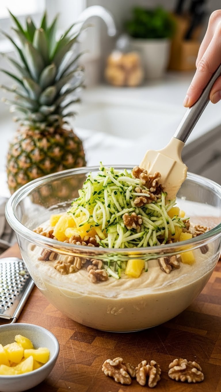 Grated zucchini, crushed pineapple, and chopped walnuts being folded into bread batter with spatula on wooden cutting board.