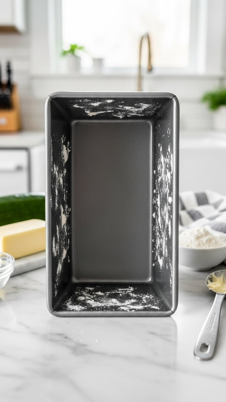 Greased and floured non-stick loaf pan ready for zucchini bread batter preparation