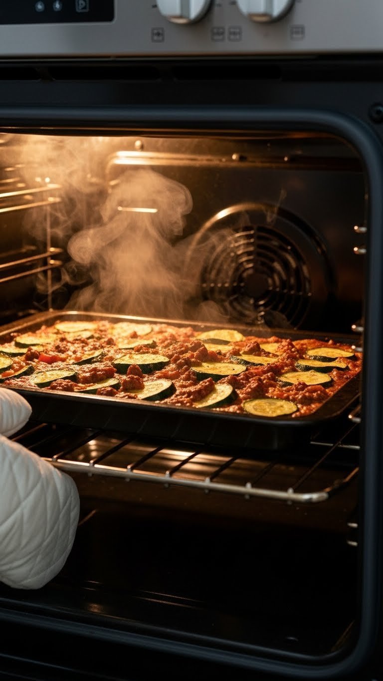 Ground beef zucchini bake baking in oven with visible steam and bubbling sauce through oven door