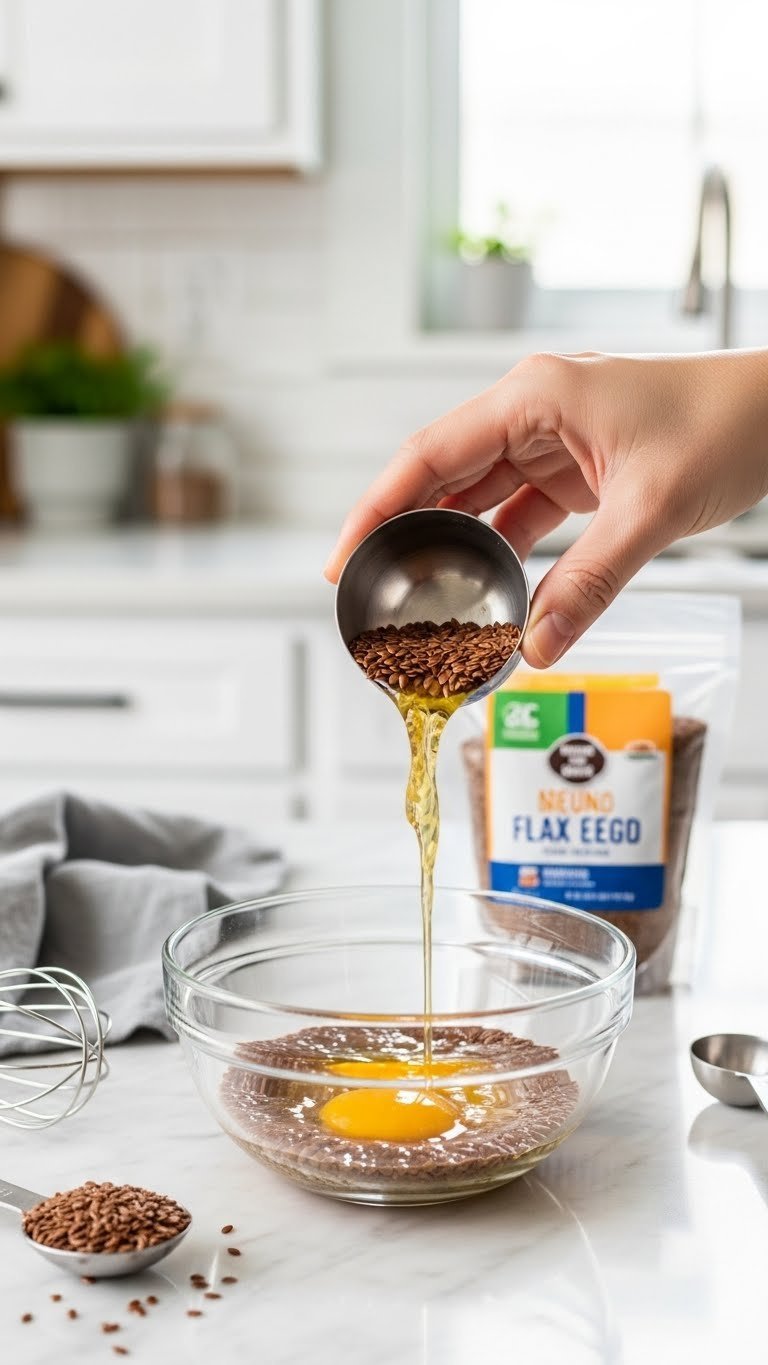 Ground flaxseed mixing with water in glass bowl to create vegan egg substitute for baking