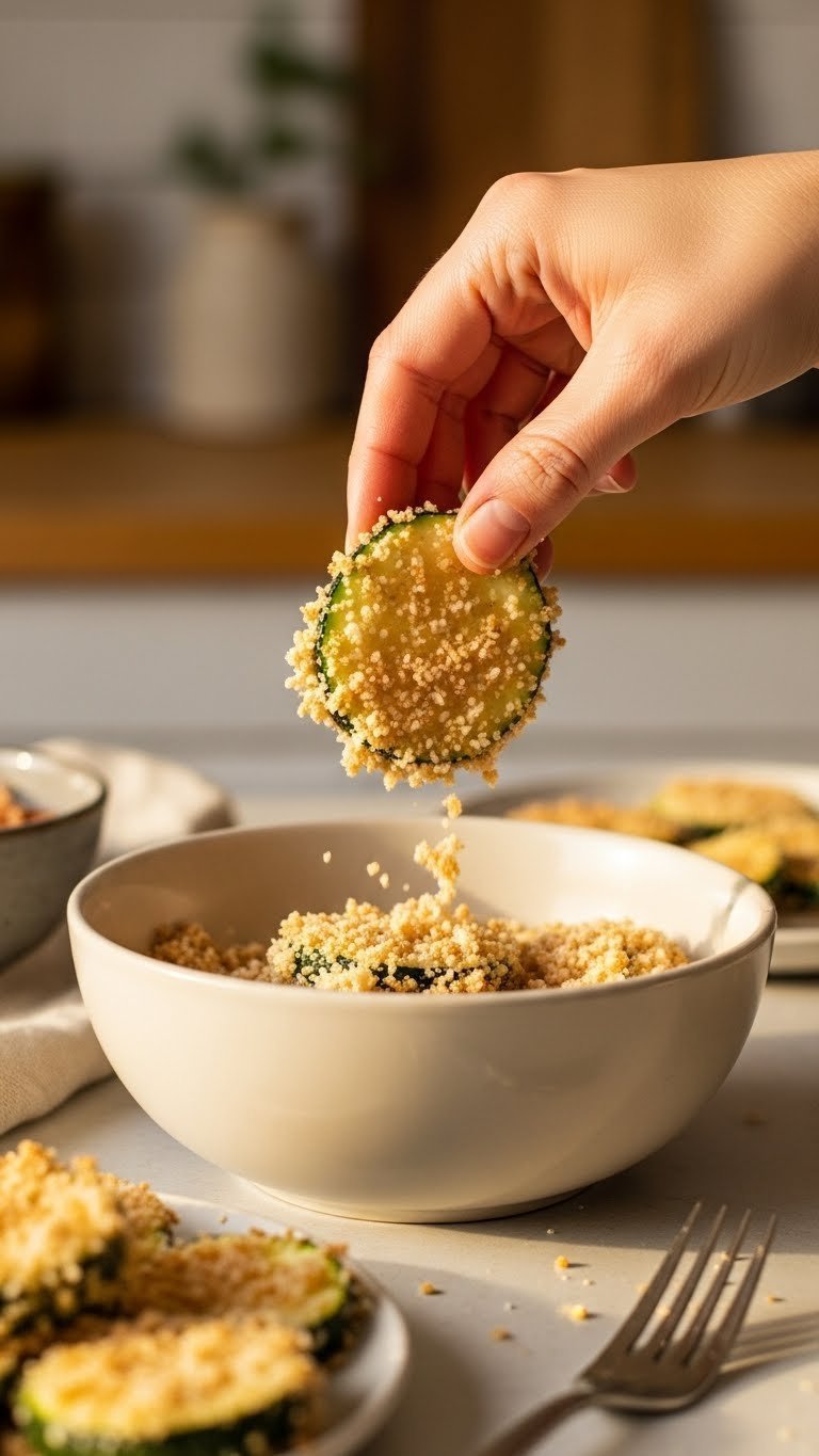 Hand dredging zucchini slice through Panko and Parmesan breading mixture for crispy coating