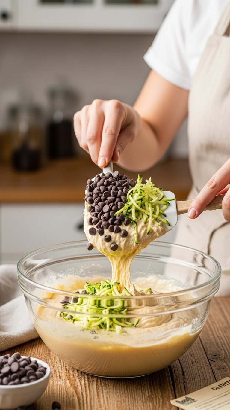 Hand folding chocolate chips and shredded zucchini into golden batter with rubber spatula