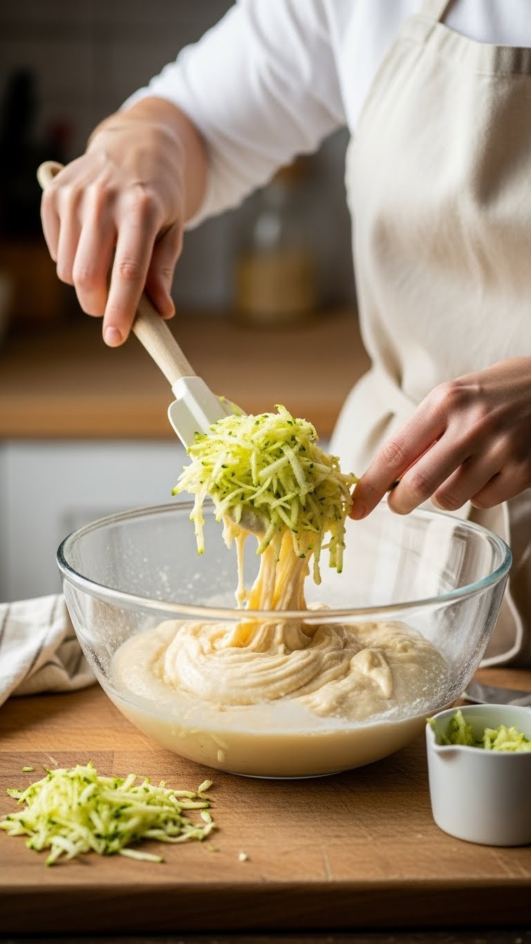 Hand folding shredded yellow zucchini into golden bread batter using rubber spatula in rustic kitchen setting