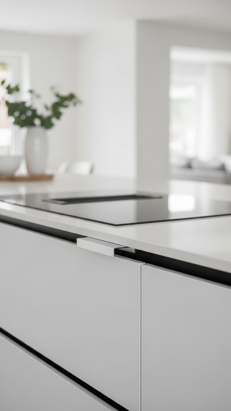 Handleless sleek cabinetry with high-gloss lacquered panels in modern luxury apartment kitchen featuring integrated finger-pulls.