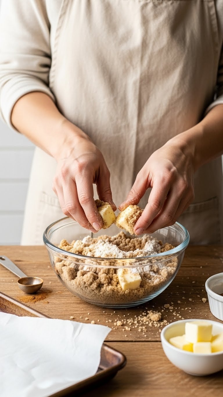 Perfect Blueberry Zucchini Bread: Easy, Moist, Crumb Topped 11 Hands mixing cinnamon sugar crumb topping with butter cubes for blueberry zucchini bread on rustic table.
