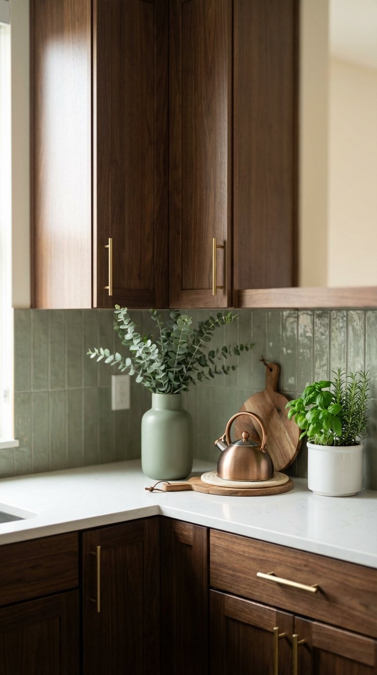 Harmonious kitchen color palette featuring dark brown cabinets complemented by sage green and brass accents