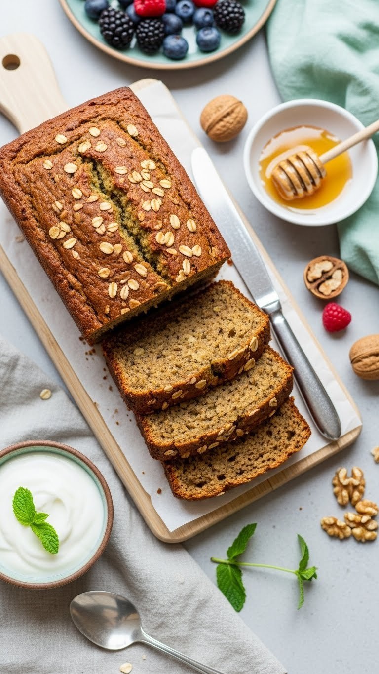 Healthy rustic zucchini bread slice with whole wheat flecks on natural wooden board surrounded by fresh berries.