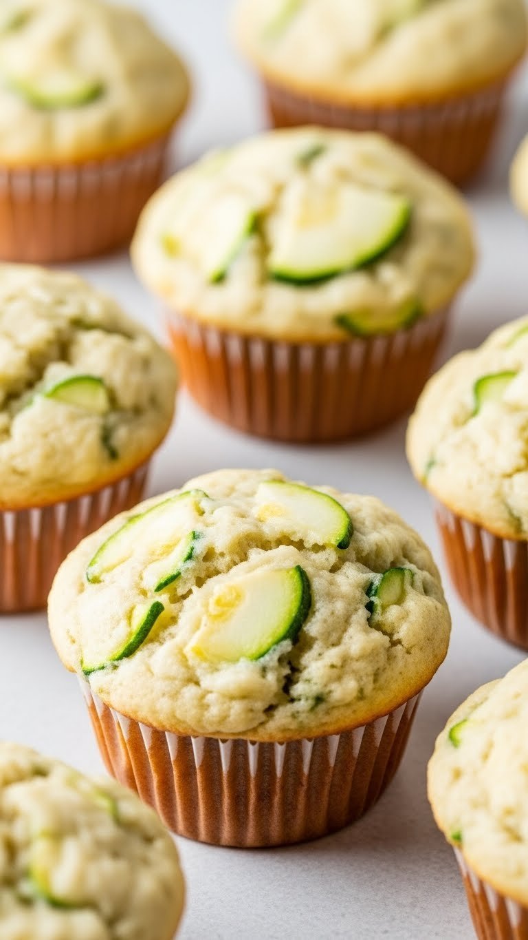 Healthy whole wheat eggless zucchini muffins arranged vertically with golden-brown tops and natural texture