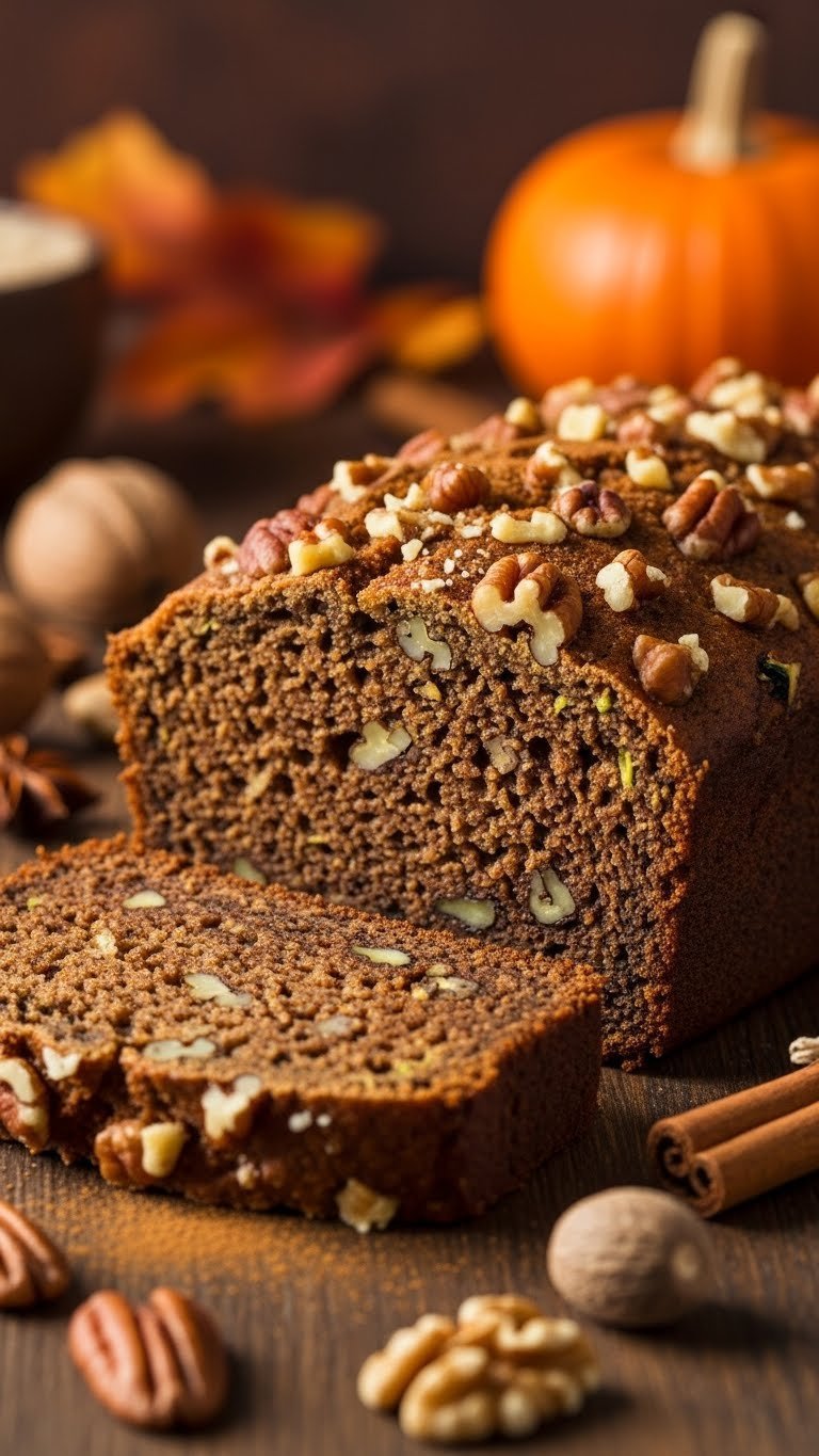 Ultimate Almond Flour Zucchini Bread: Easy, Moist, Gluten-Free 11 Hearty almond flour zucchini bread slice with walnuts and pecans on dark wooden surface with cinnamon stick garnish.