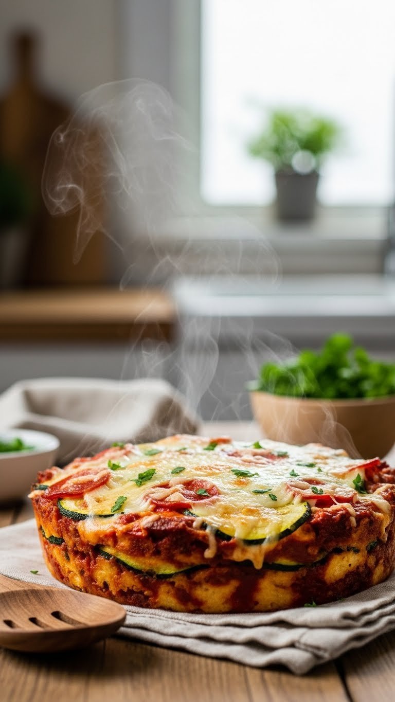 Easy Crispy Zucchini Keto Pizza Baking Recipes 5 Hearty zucchini pizza casserole with golden brown cheesy top, baked zucchini layers, and pepperoni steaming fresh from oven