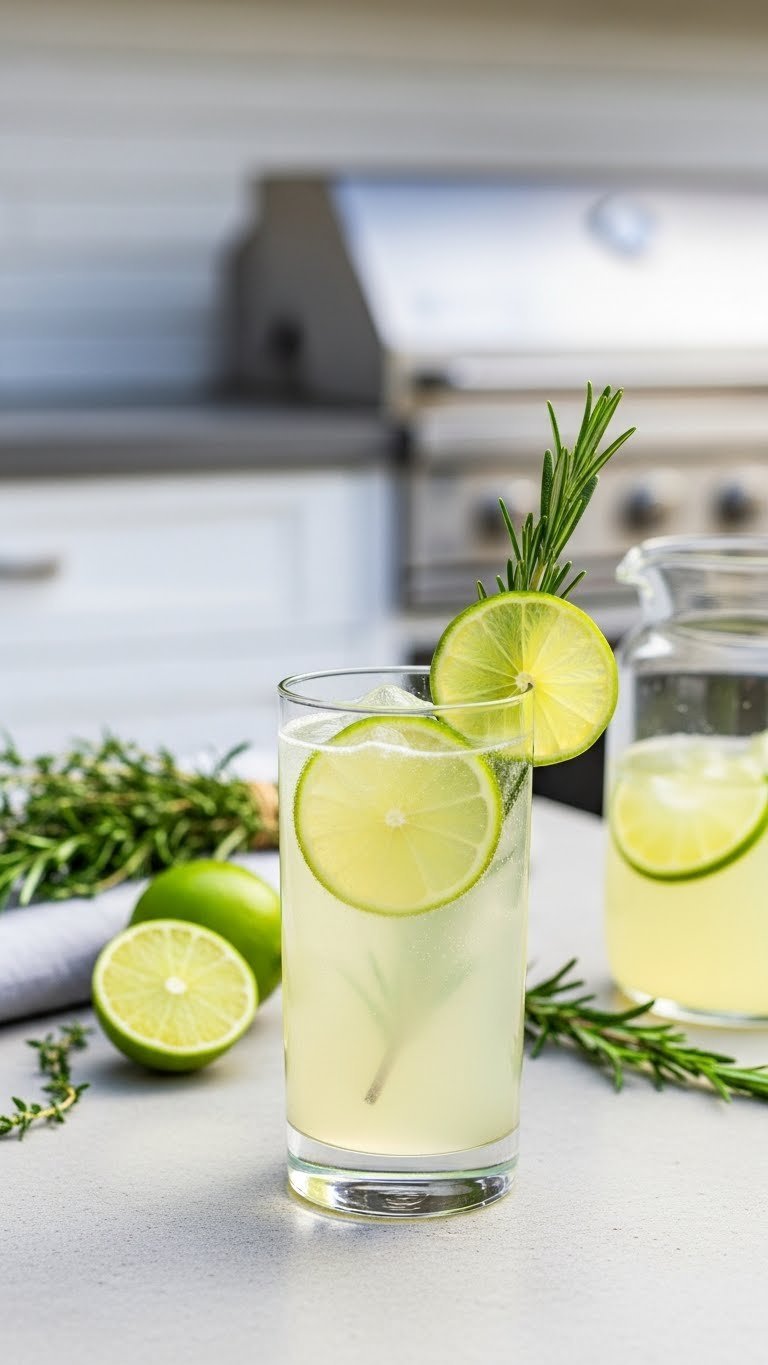 Herbal sparkling limeade in elegant glass with rosemary sprig and lime wheels on polished concrete surface