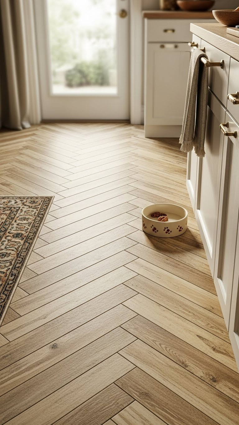 Herringbone peel-and-stick floor with weathered wood finish and vintage rug corner in cozy kitchen setting