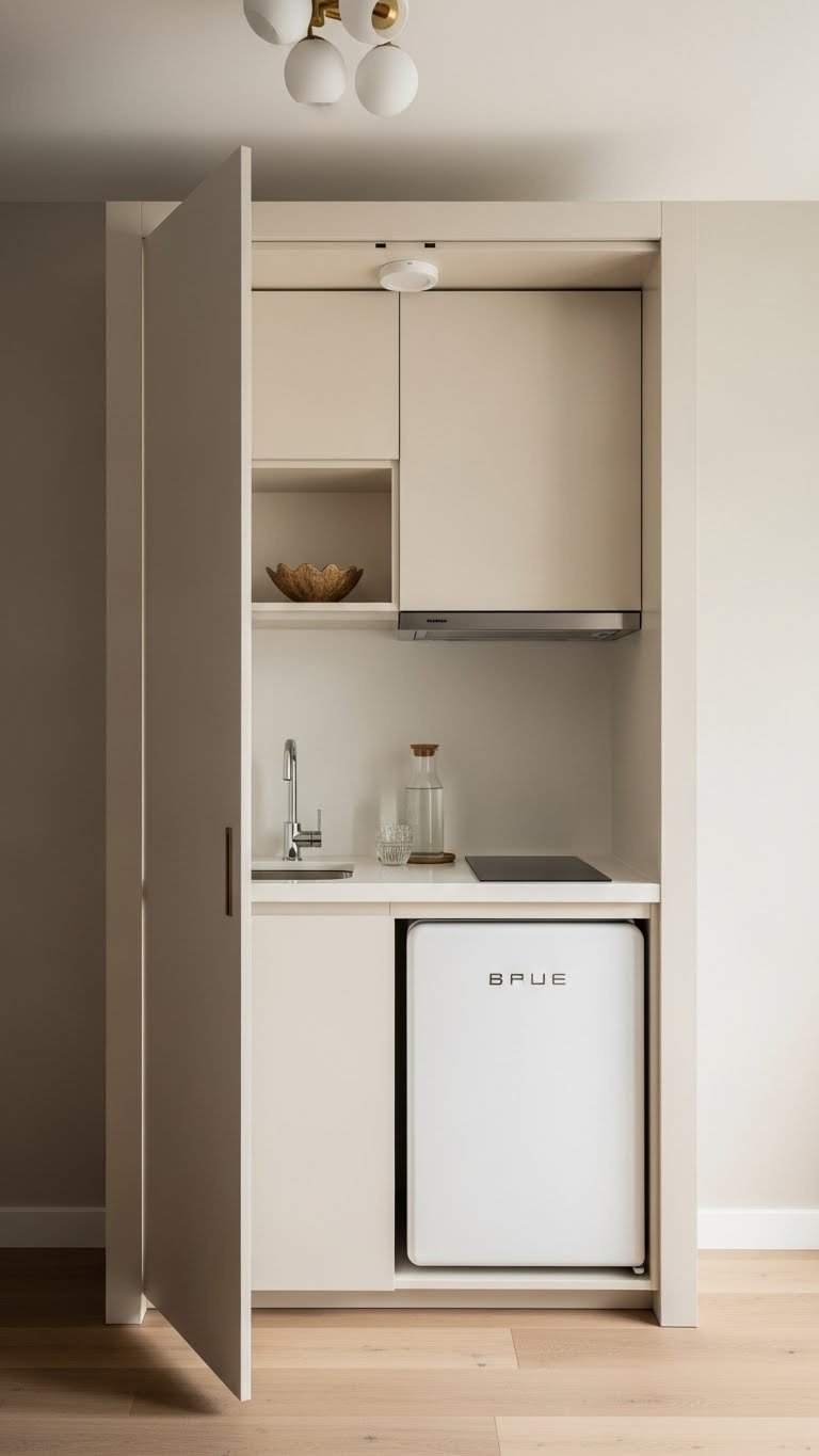 Hidden kitchenette solution with bifold doors revealing compact sink and induction burner in studio apartment