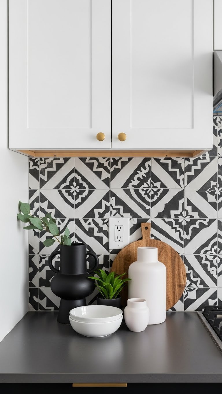 High-contrast black and white kitchen with geometric tile backsplash adding texture paired with minimalist black vase and green plant