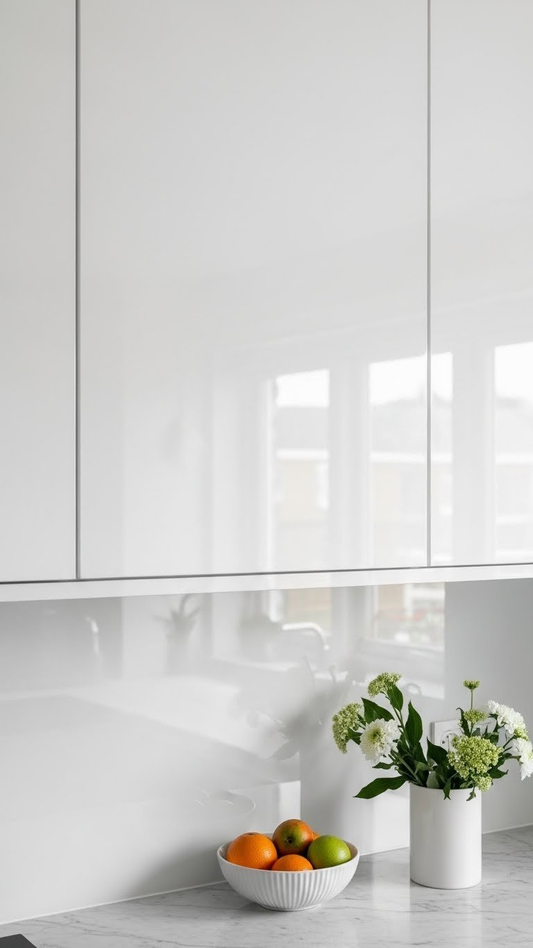 White Kitchen Cabinets: 9 Proven Apartment Ideas For Space 3 High-gloss lacquered white kitchen cabinets with mirror-like finish reflecting natural light in compact apartment space.