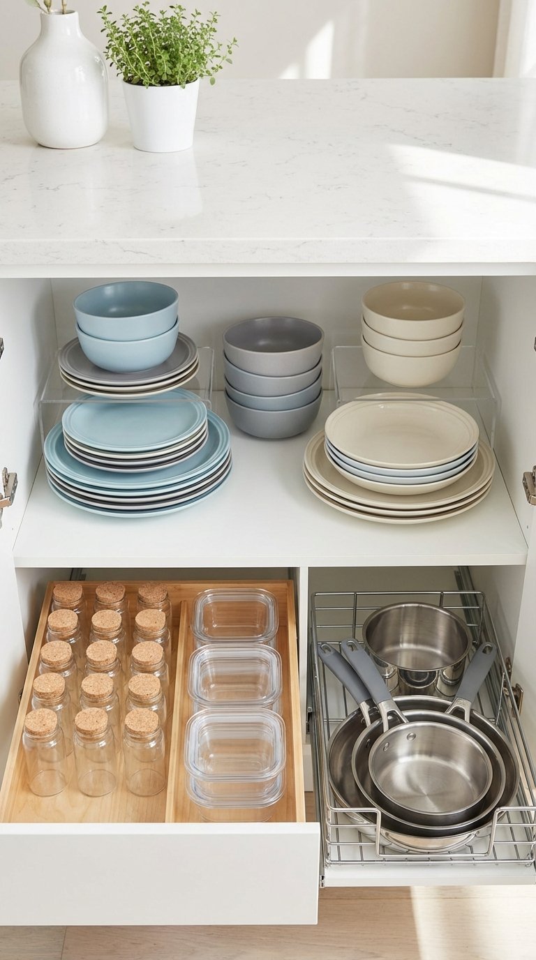 Highly organized apartment kitchen cabinet interior with stacked plates, spice drawer, and pull-out pot organizers