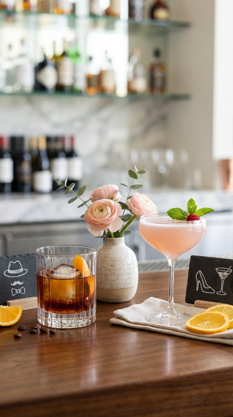 His and hers wedding cocktails side-by-side on dark wood bar top with complementary garnishes and soft background blur