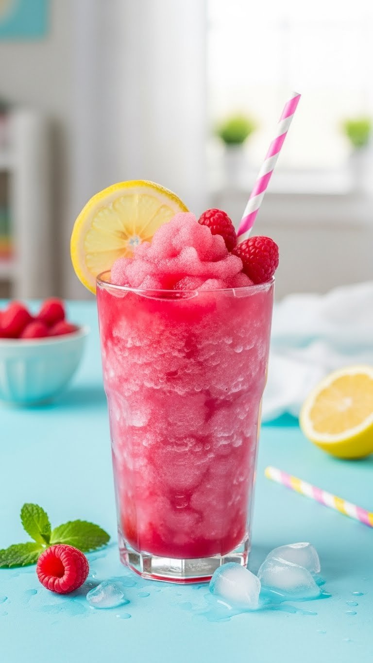 Homemade Pink Lemonade Slushie with vibrant pink icy texture topped with lemon slice and raspberries in tall frosty glass.