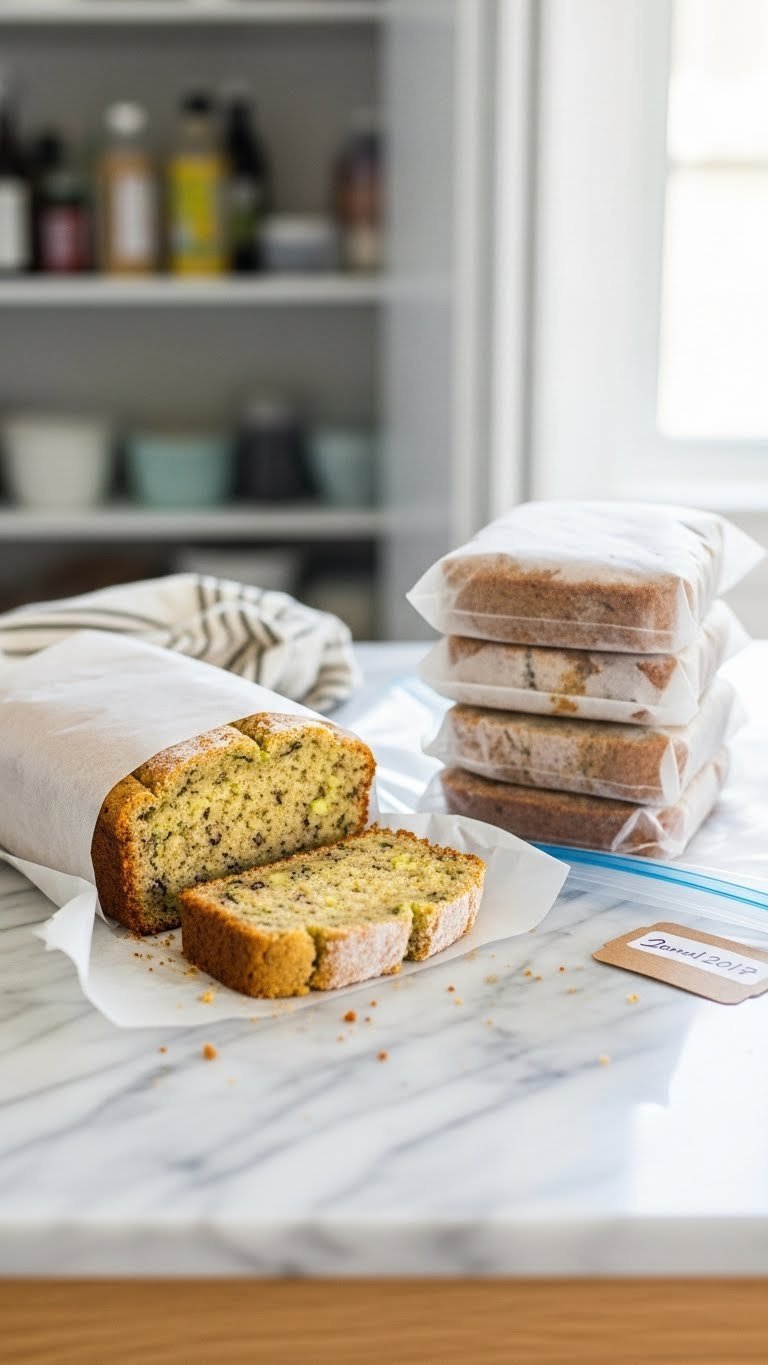 Ultimate Almond Flour Zucchini Bread: Easy, Moist, Gluten-Free 13 Homemade almond flour zucchini bread loaf wrapped for freezing with sliced portions on marble countertop with freezer bags.
