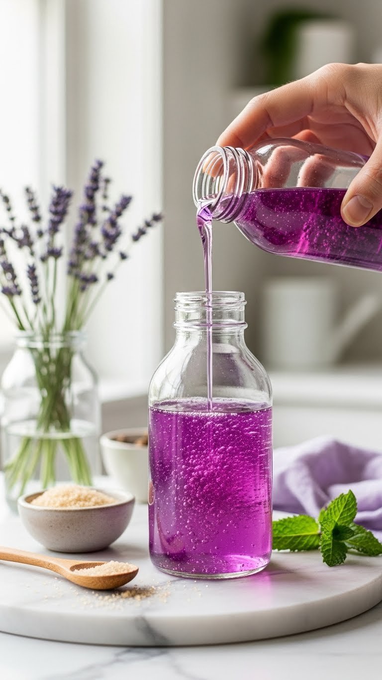 Homemade lavender simple syrup being poured into glass bottle with fresh sprigs and marble countertop background