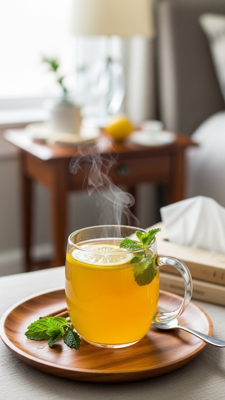 Honey Citrus Mint Tea with lemon slice and mint sprig in ceramic mug on wooden tray