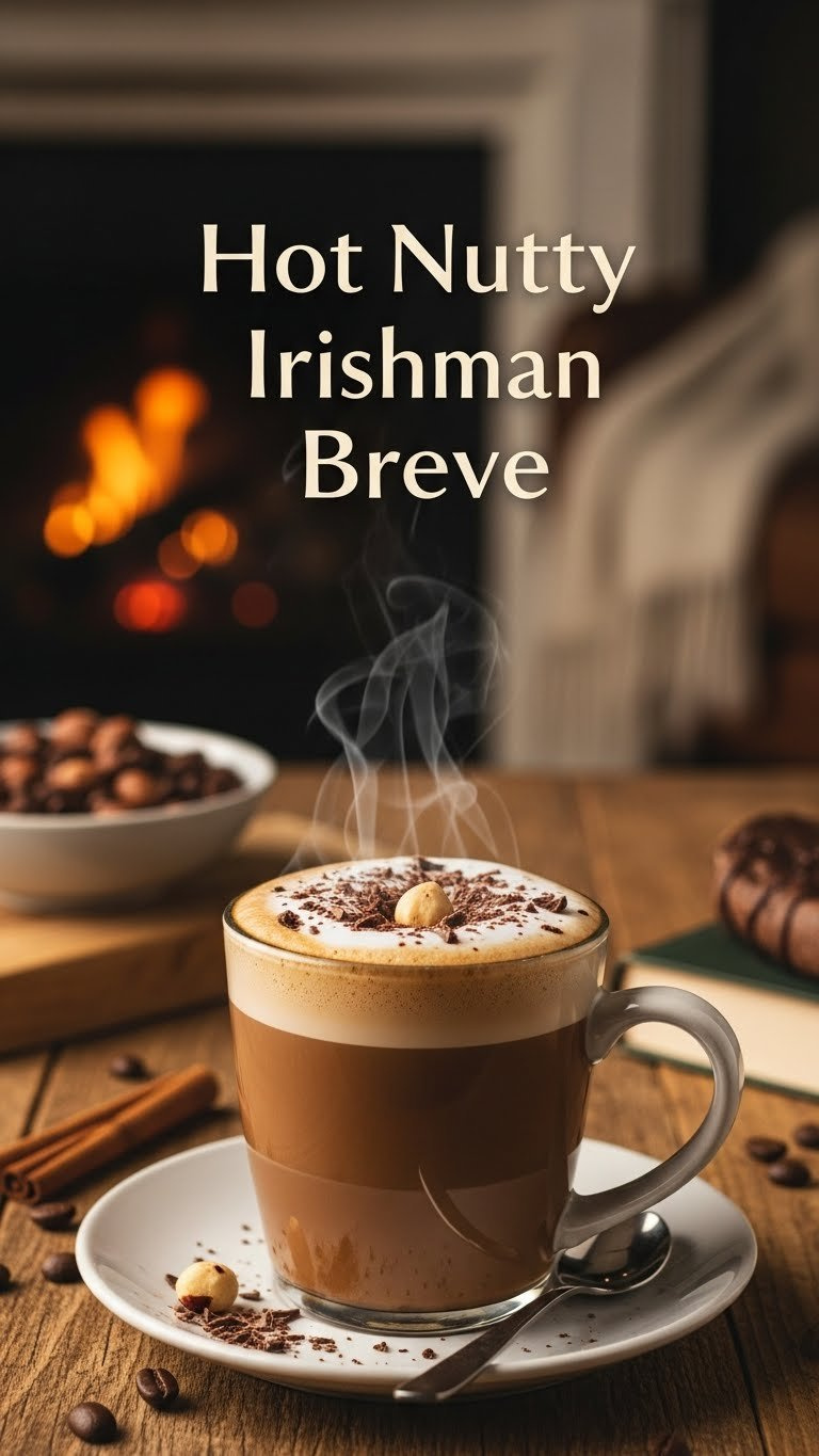 Hot Nutty Irishman Breve coffee in ceramic mug with frothy milk, chocolate shavings, hazelnut garnish