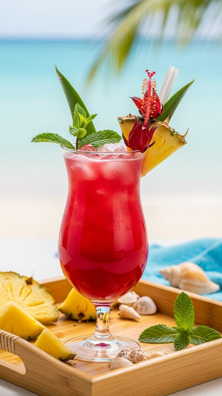 Hurricane glass with deep ruby-red tropical hibiscus bliss garnished with pineapple wedge and edible hibiscus flower