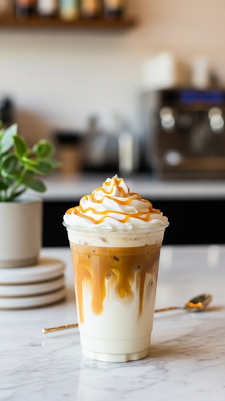 Iced Annihilator Breve coffee drink in clear cup with layered espresso, milk, caramel swirl, whipped cream topping on marble countertop
